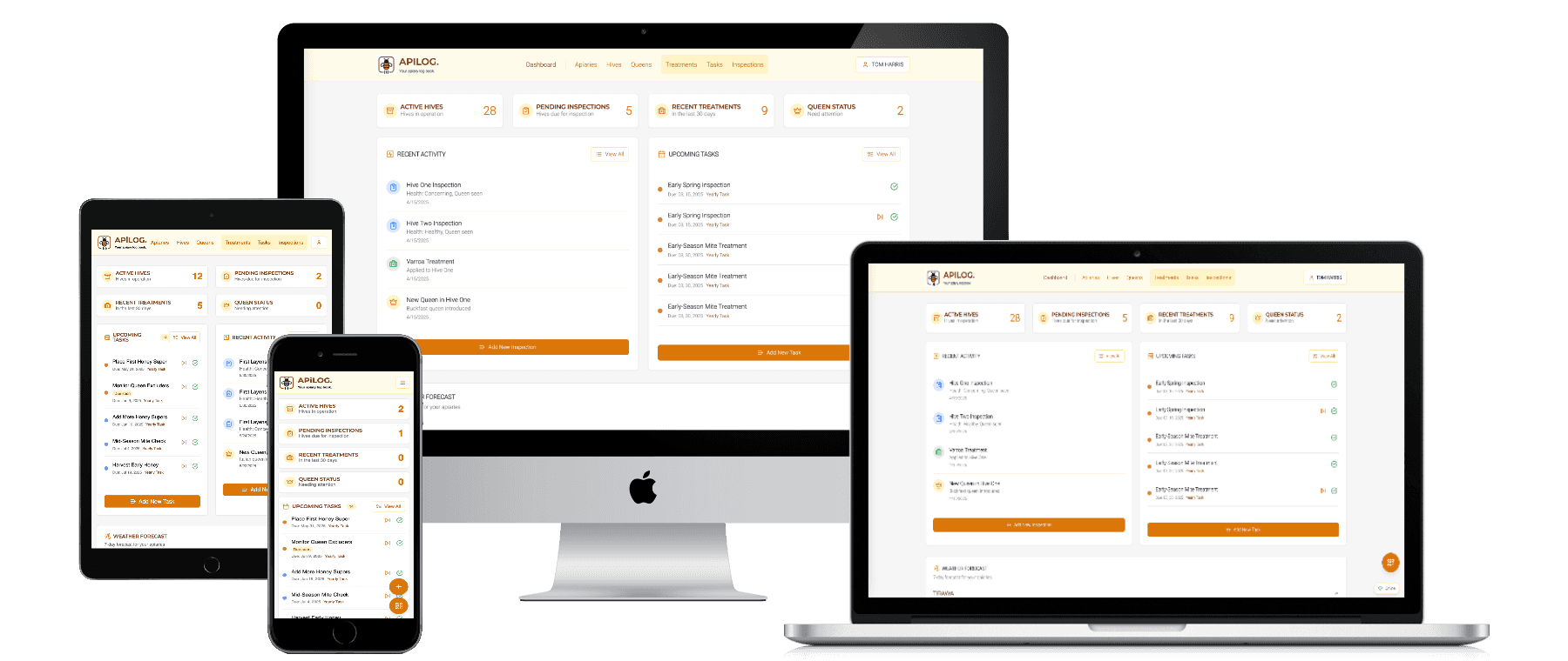 APiLOG dashboard showing hive records across desktop, tablet, and phone