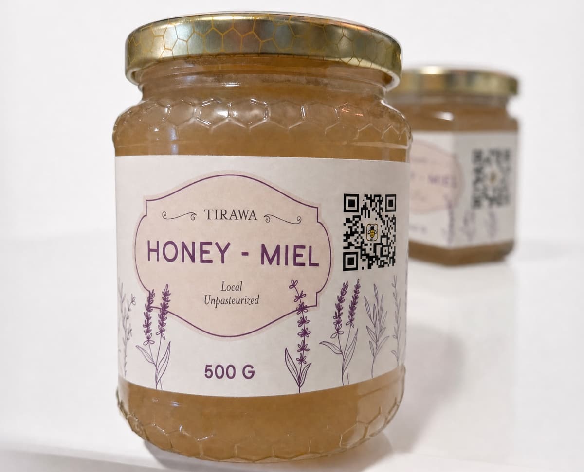 QR code on a honey jar linking to its APiLOG Honey Profile